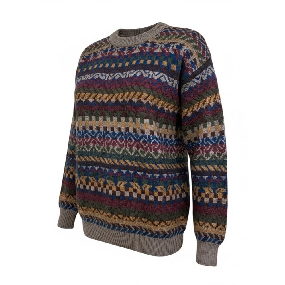 Alpaca Black Multicolor Fair Isle Crewneck Sweater - Large